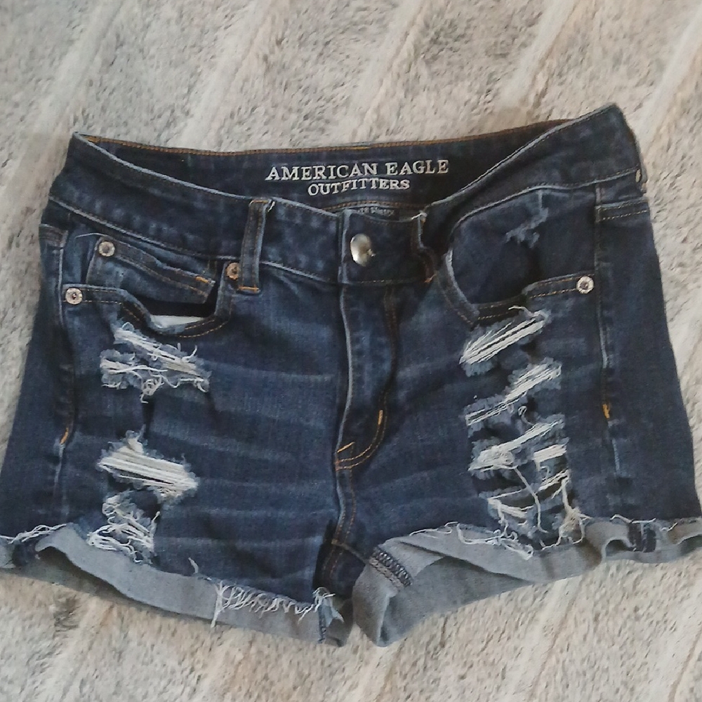 American Eagle Outfitters Women's Ripped Jean Shorts - Dark Blue